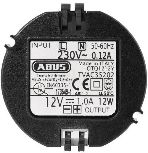 Elektronisk enhed til spændingsomformning fra 230V til 12V, mærket med 'ABUS' og relevante tekniske specifikationer.