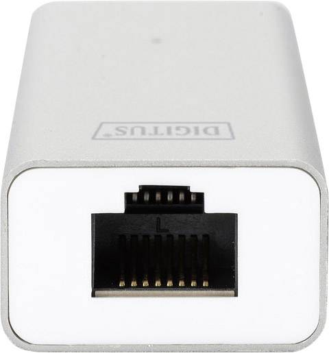 En sølvfarvet Ethernet-adapter med en Ethernet-port på forsiden og påtrykt 'DIGITUS' på oversiden.