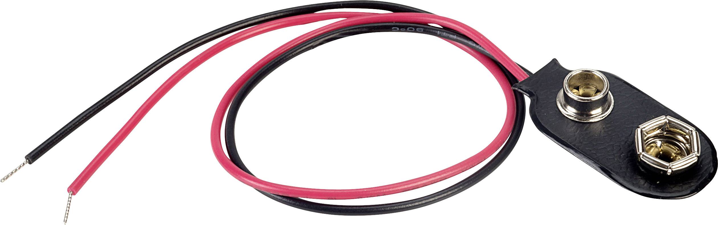 Et batterikontaktkabel med røde og sorte ledninger, egnet til at tilslutte et 9-volt batteri til en elektrisk enhed.