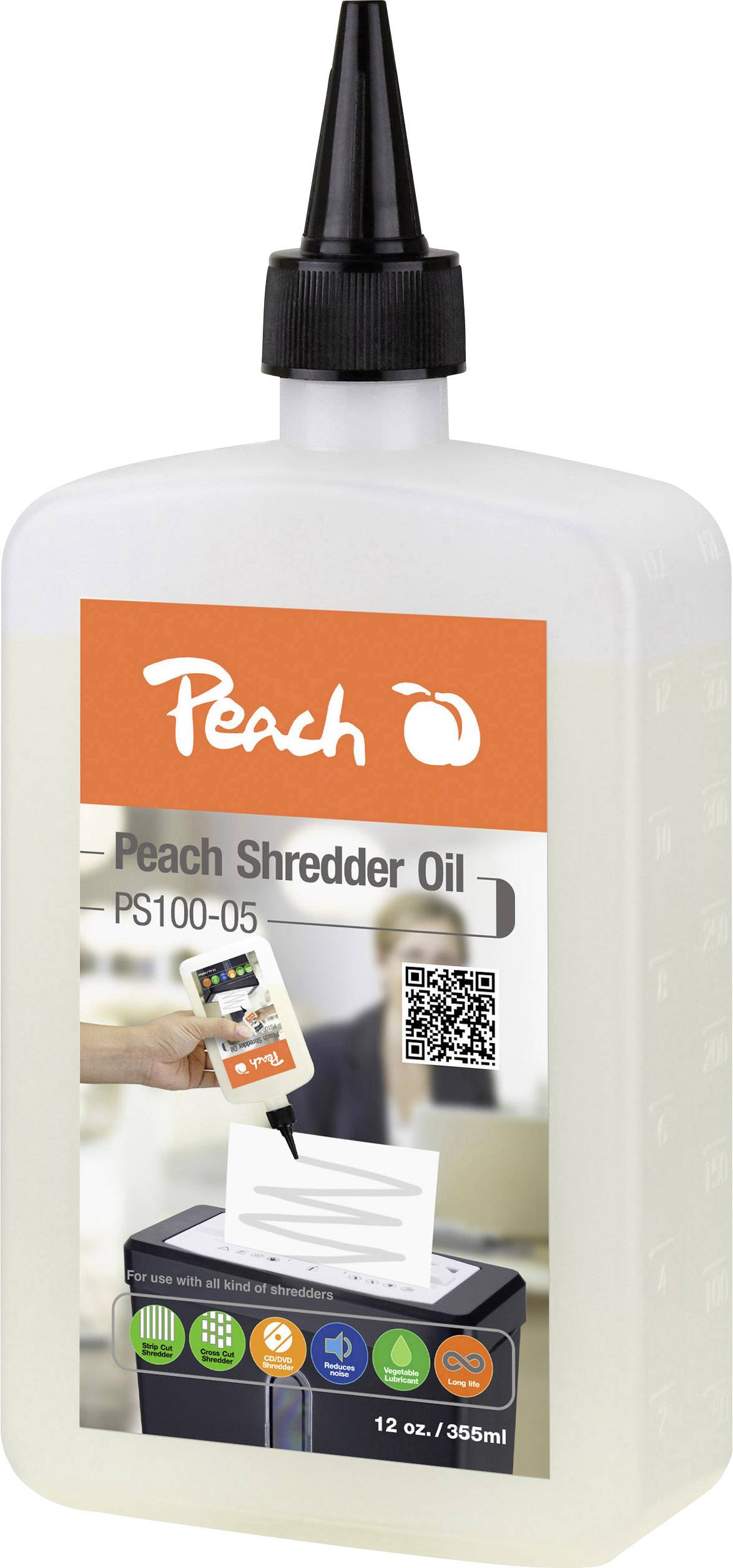 Flaske med 'Peach Shredder Oil' til makulatorer, 355 ml. Viser anvendelse på en makulator med papir.