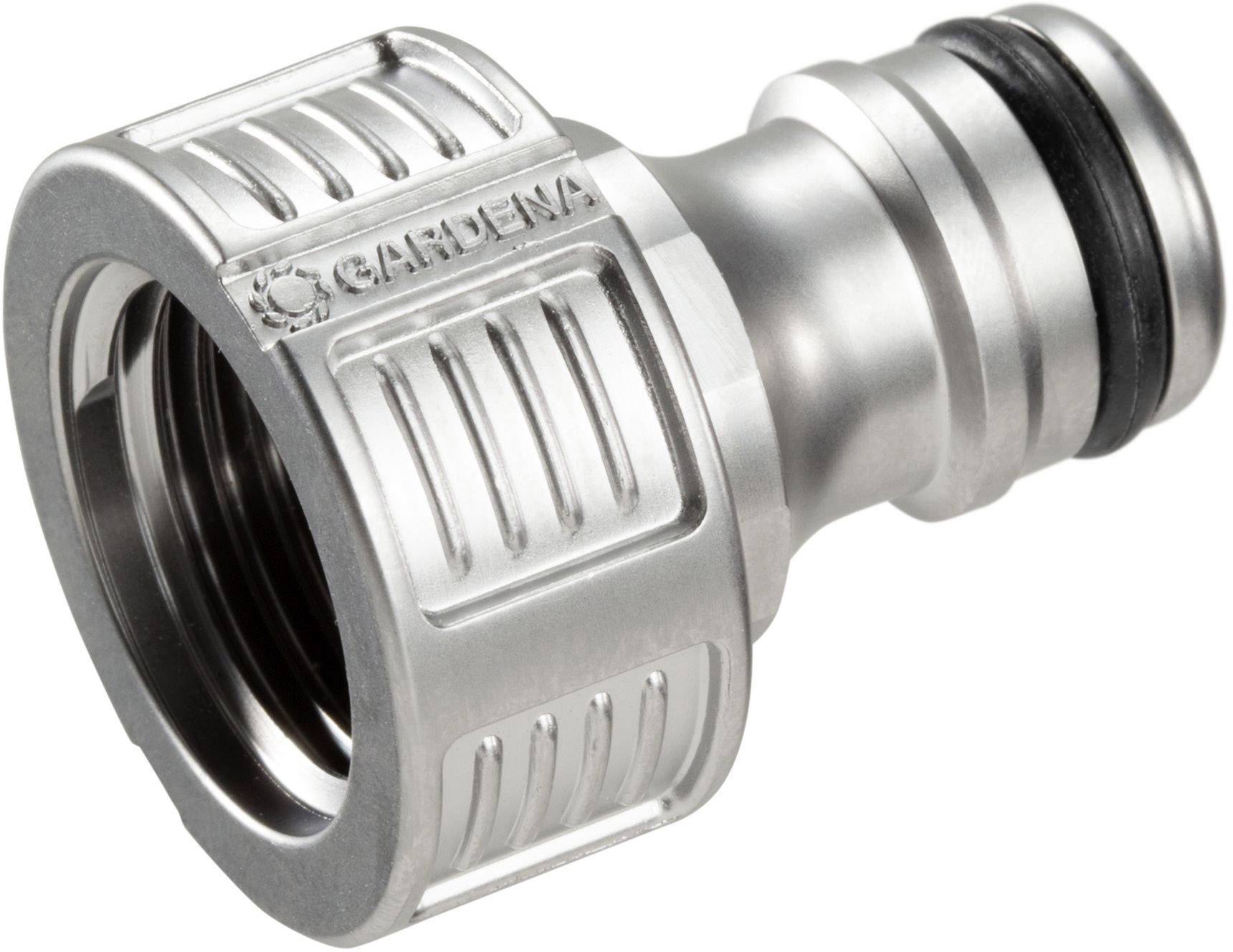 Metaladapter til haveslange med gevind og gummitætning. Præget med 'Gardena'-logo. Velegnet til slangeforbindelser.