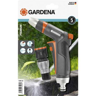 'GARDENA Premium' vandingssprøjtedyse med tilslutningsstykke foran en spragende vandkilde. Fremstillet i Tyskland. 5 års garanti.