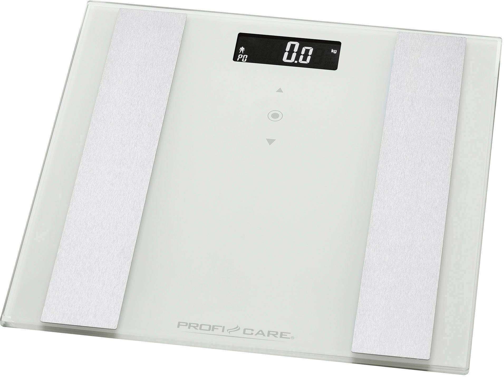 Elektronisk personvægt med digitalt display, viser '0.0'. Rektangulær form med to metalliske støtteflader.