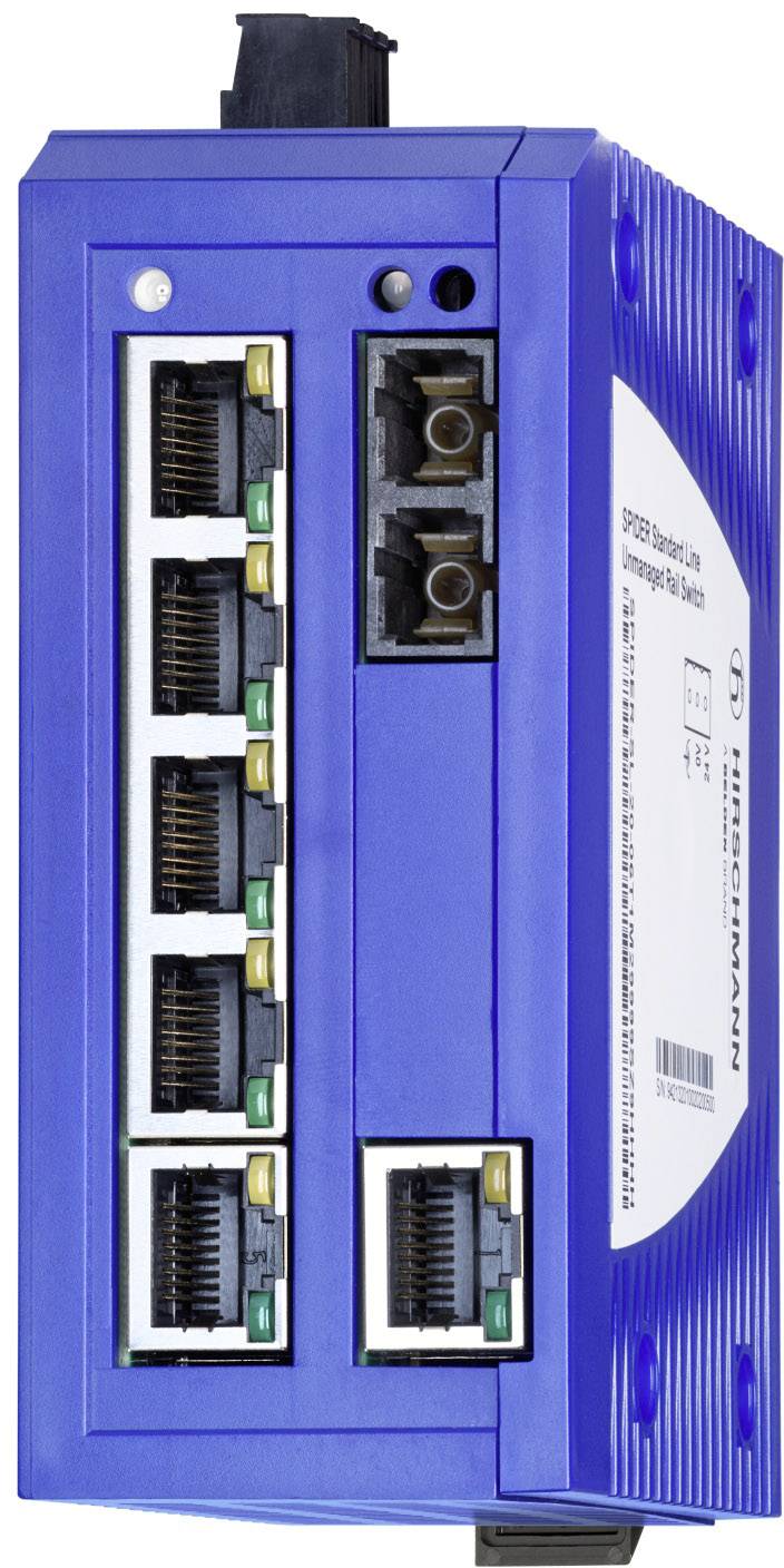 En blå netværksswitch med seks Ethernet-porte og to fiberoptiske tilslutninger. Switchen har en rektangulær form.