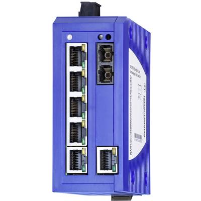 En blå netværksswitch med seks Ethernet-porte og to fiberoptiske tilslutninger. Switchen har en rektangulær form.