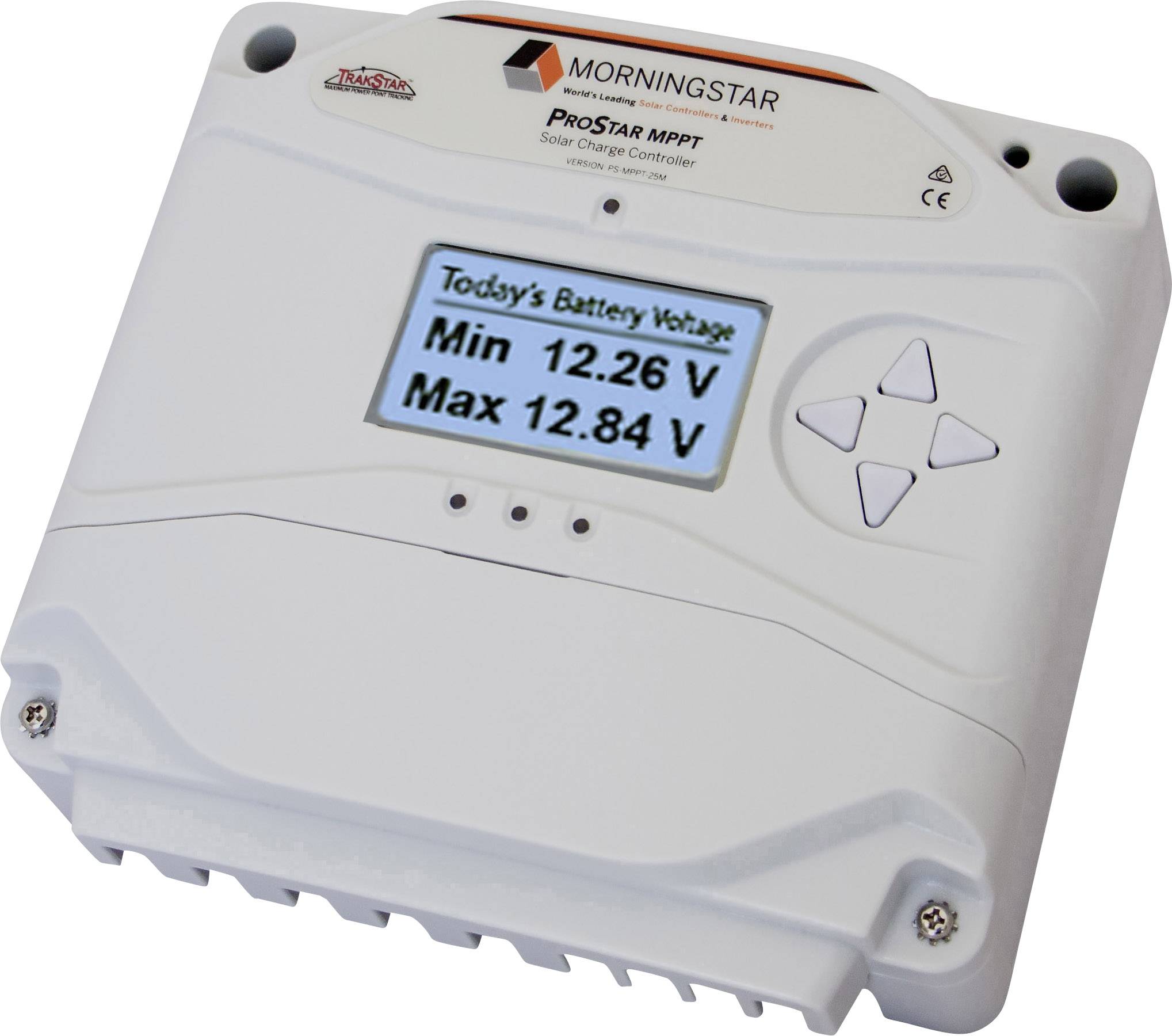 Solcelleoplader med digitalt display viser batteriniveau: 'Min 12,26 V, Maks 12,84 V'. Kontroltaster til højre.
