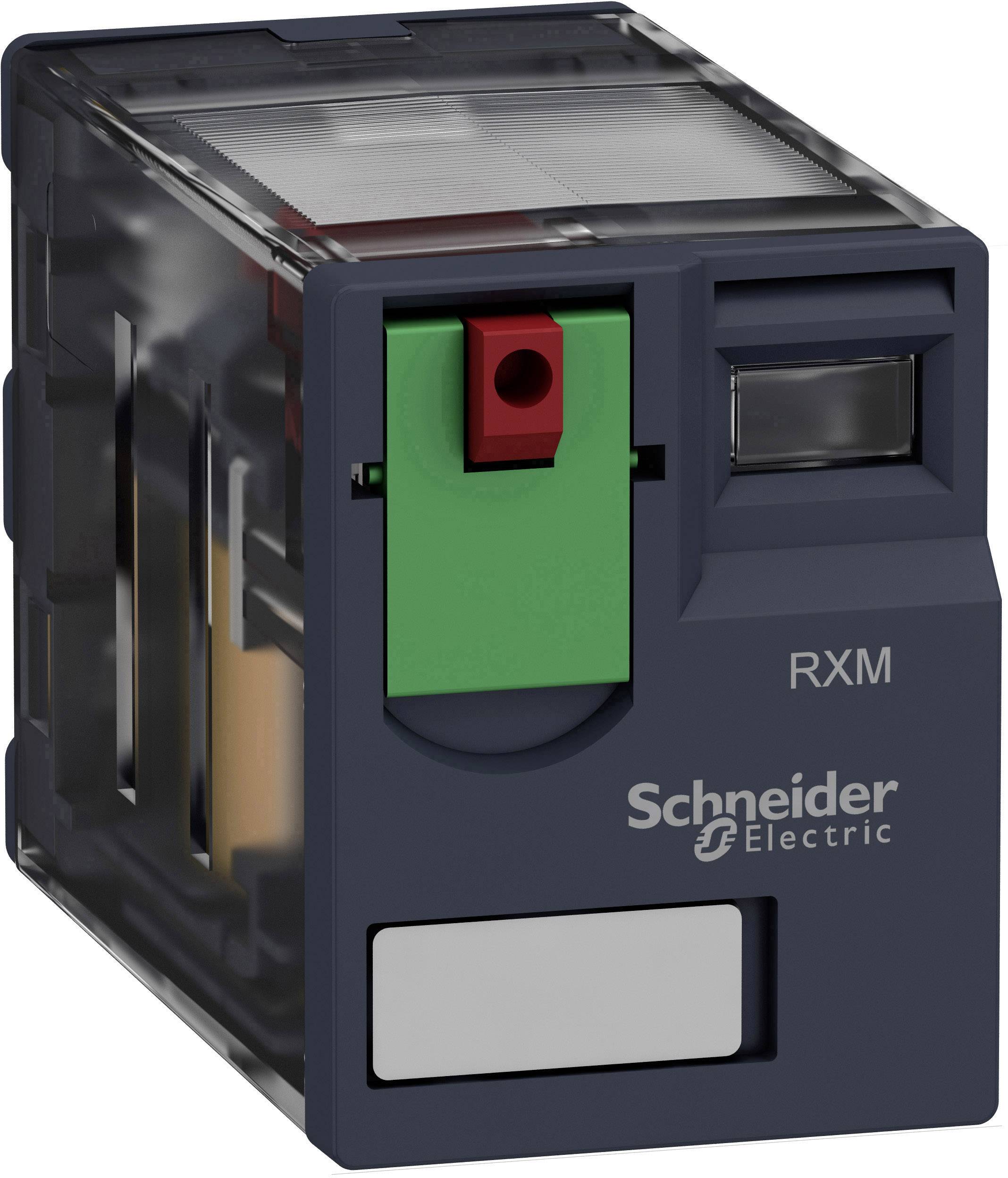 Et elektrisk relæ fra Schneider Electric af typen RXM, med et plastikkabinet og en grøn betjeningsknap øverst.