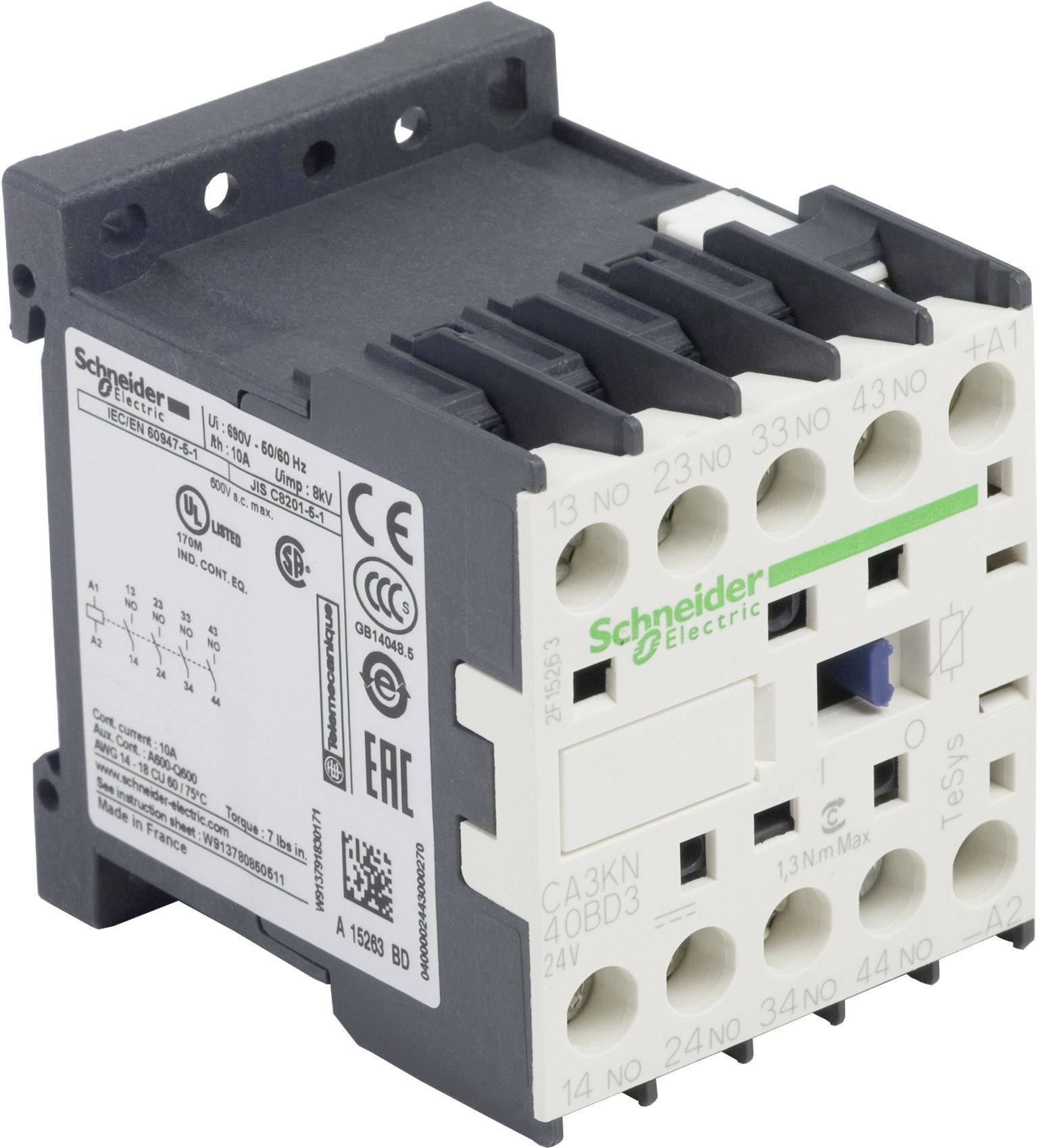 'Schneider Electric kontaktor; Model med hvide frontforbindelser og sort kabinet; CE-certifikater synlige; tekniske detaljer på etiketten.'