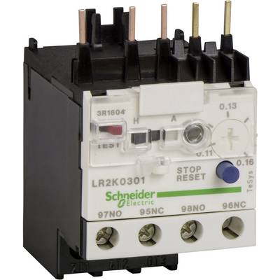 Et termisk overbelastningsrelæ fra Schneider Electric med modeltypenumre og stikforbindelser synlige på forsiden.
