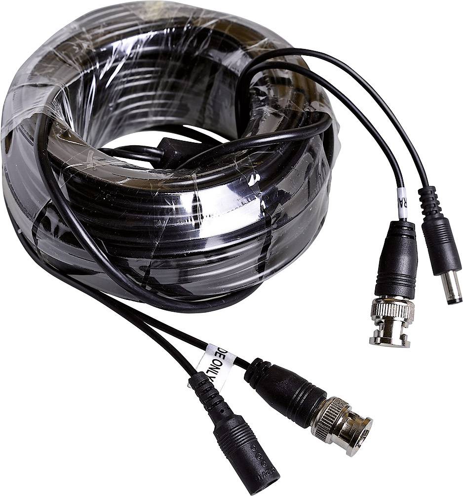 Et sammenkrøllet sort kabel med forskellige stik, herunder et BNC-stik og et hanstik til jævnstrøm (DC).