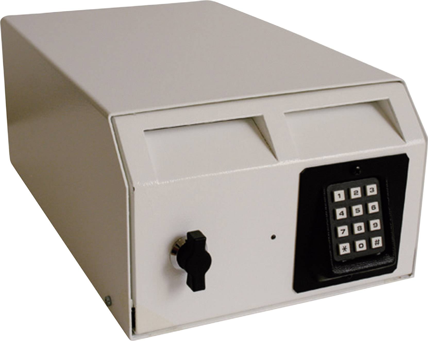 En hvid pengeskab med et sort numerisk tastatur til indtastning af en kode og en drejeknap til låsning.