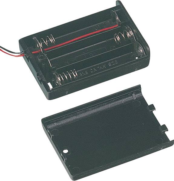 Åbent sort batterirummet til to AA-batterier med påsatte ledninger. Låget placeret separat ved siden af.