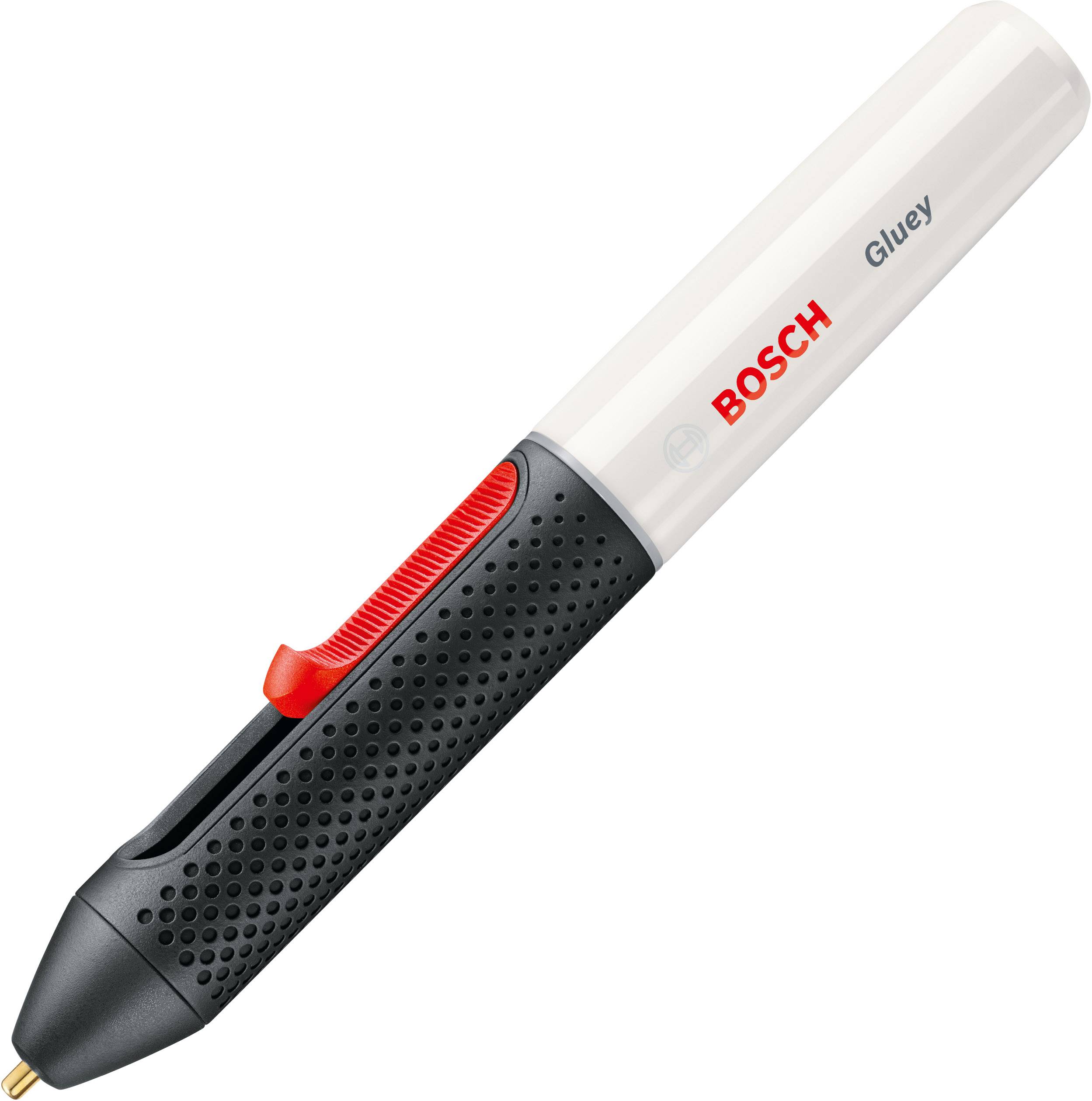 En trådløs limstift fra Bosch med påskriften 'Gluey', sort-hvidt design med rød kontakt, egnet til håndarbejde.