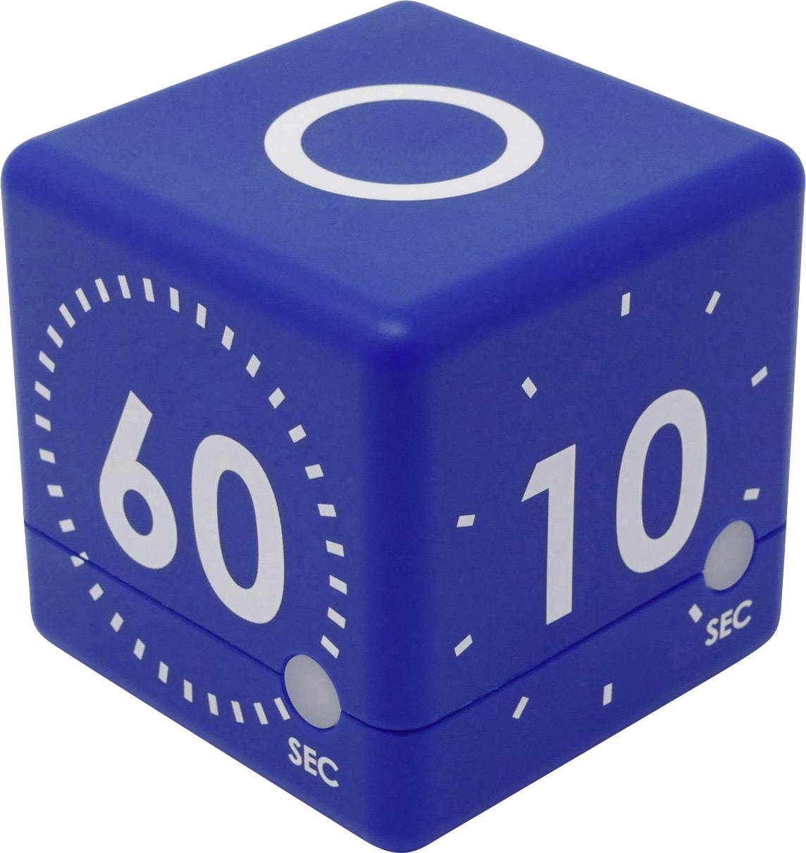 Blå timer-terning, viser indstillinger på 60 og 10 sekunder. Tallene er store og fremhævet i hvidt på hver side.