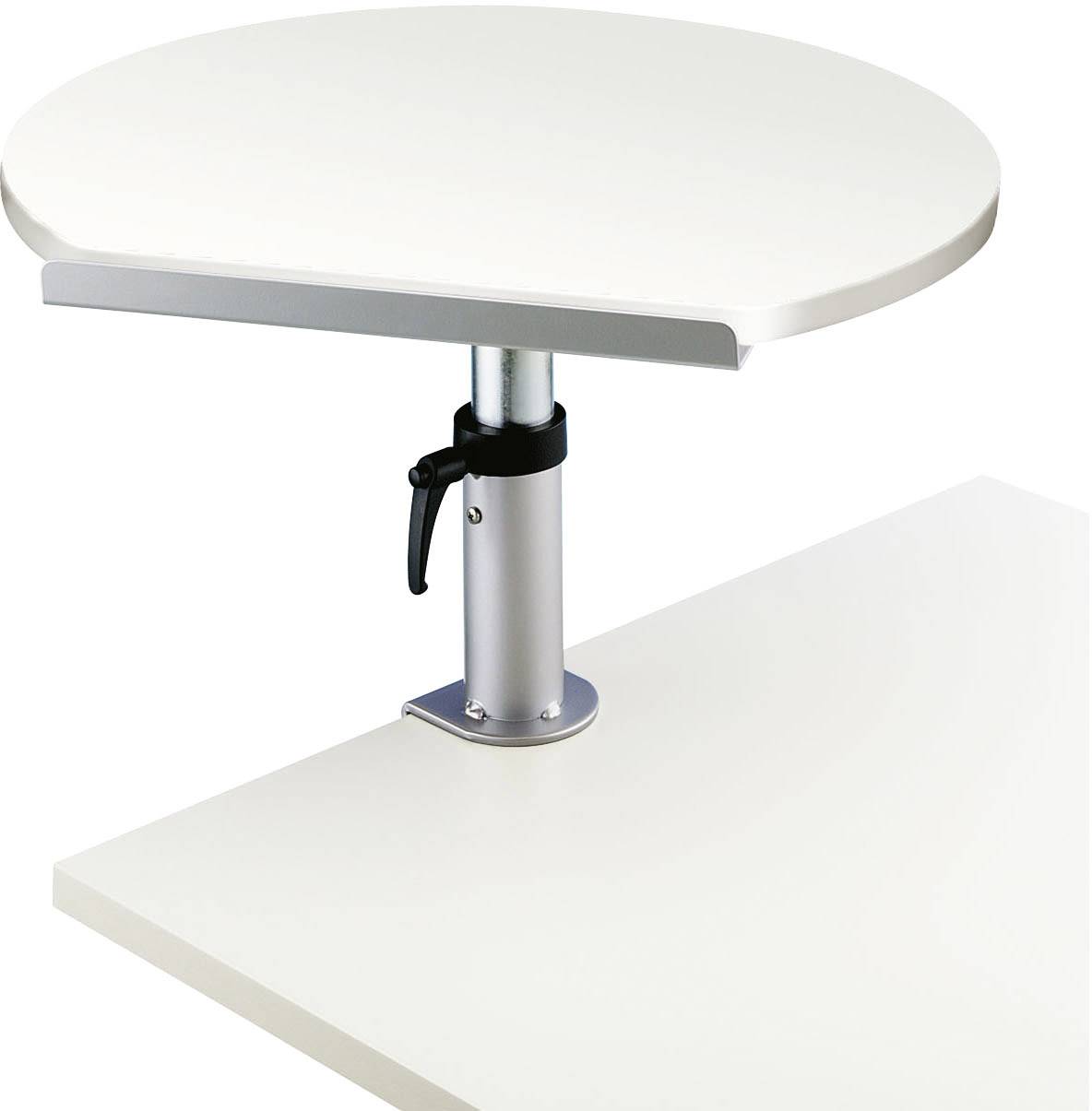 En rund, højdejusterbar platformforhøjning på et skrivebord. Ideel til løftning af skærme eller bærbare computere for ergonomiske arbejdspladser.
