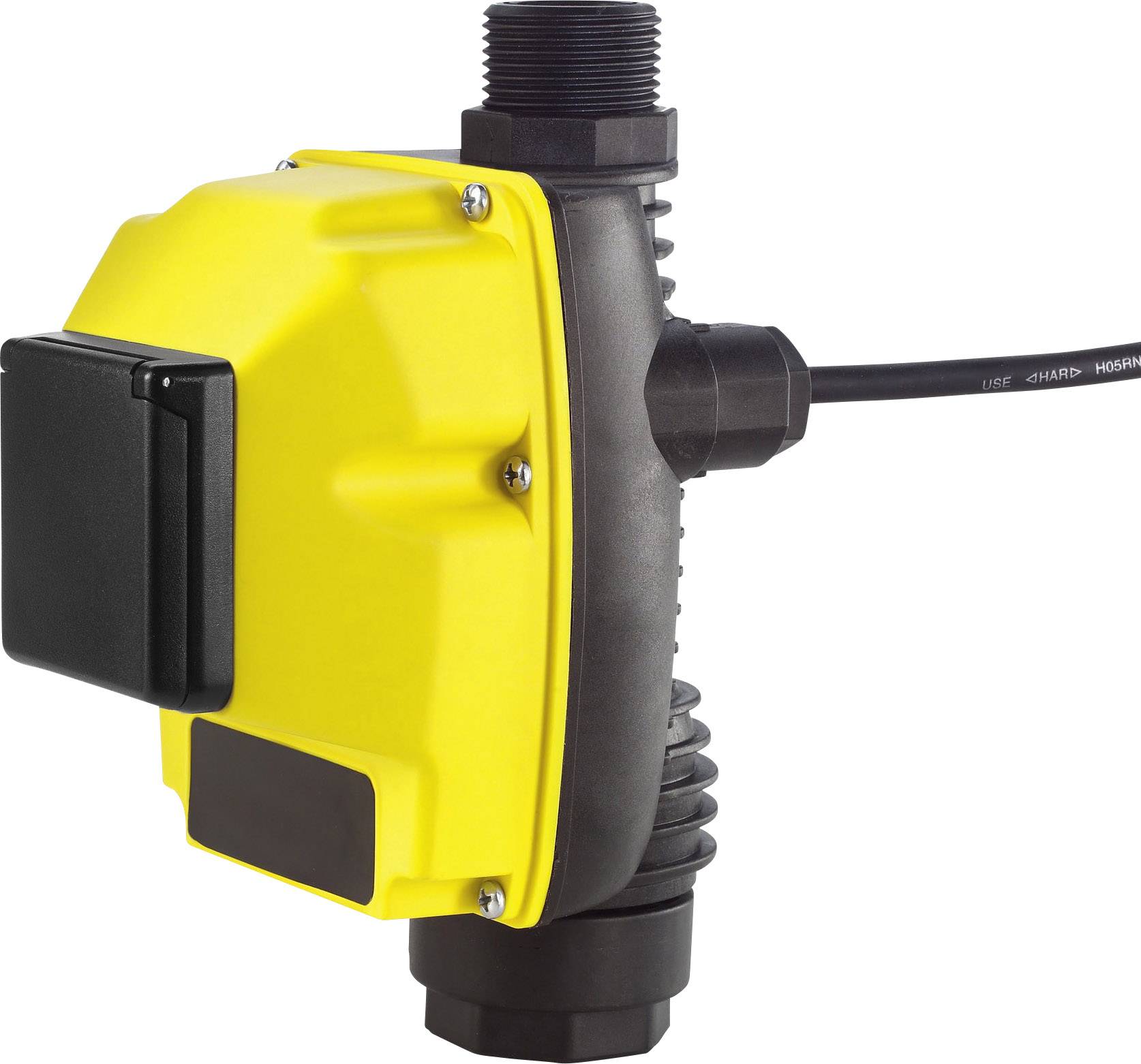 En gul elektronisk trykafbryder med sort kabinet og kabelstik, beregnet til styring af vandpumper.