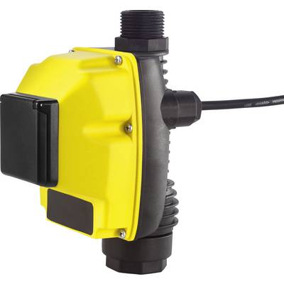 En gul elektronisk trykafbryder med sort kabinet og kabelstik, beregnet til styring af vandpumper.