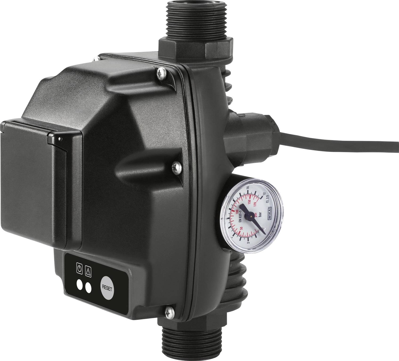 En sort trykafbryder til vandpumper med manometer og reset-knap. Enhed til overvågning af vandtrykket i systemer.