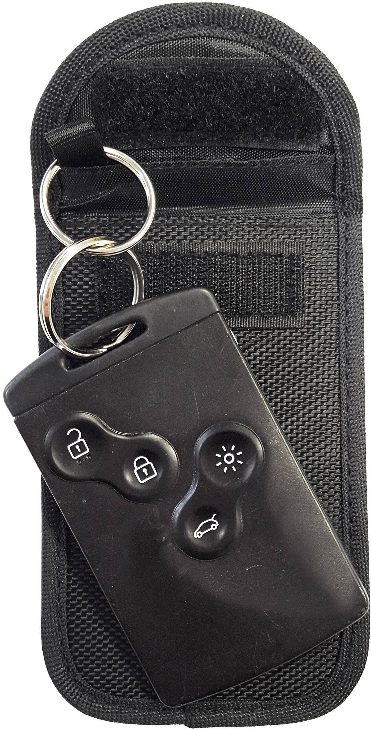 Sort nøglebrikfunktionsnøgle med taster til åbning, lukning, lys og bagagerum på sort etui med nøglering.