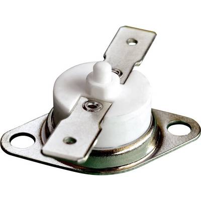 En rund, hvid termostat med to metalforbindelser og en monteringsplade, som bruges til temperaturregulering i apparater.