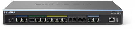 'LANCOM Systems Router' med flere Ethernet-porte viser frontvisning af netværkstilslutninger til internet- og netværksforbindelser.