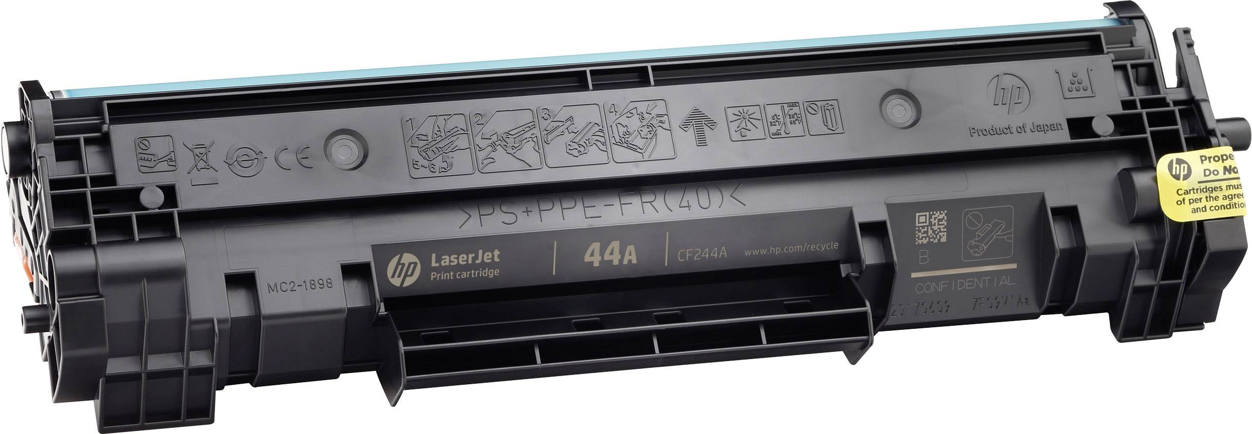 Tonerpatron til laserprintere, model 'HP 44A', sort. Vejledninger og symboler til håndtering på patronen.