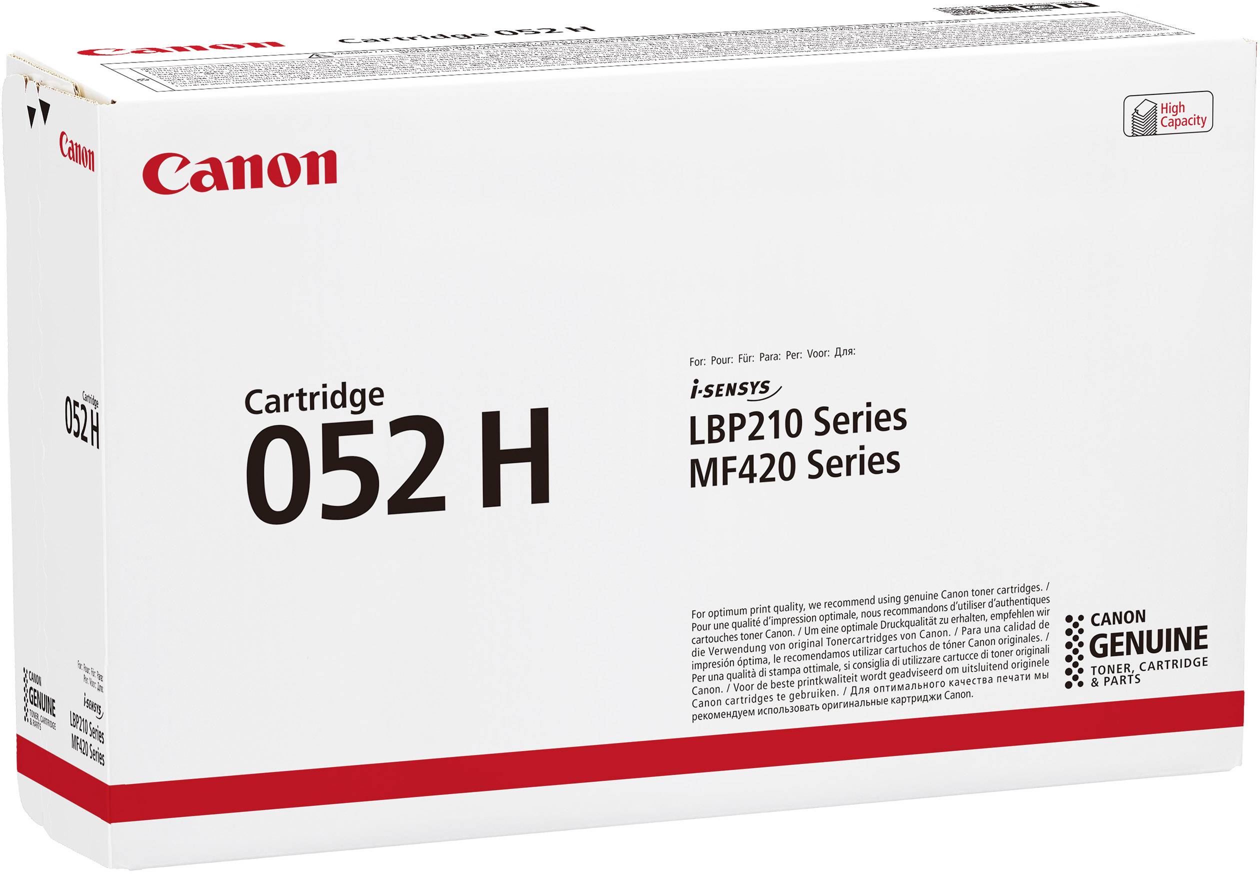 Blækpatron Canon 052 H, kompatibel med i-SENSYS LBP210 og MF420 serier, høj kapacitet, hvid emballage med rødt logo.