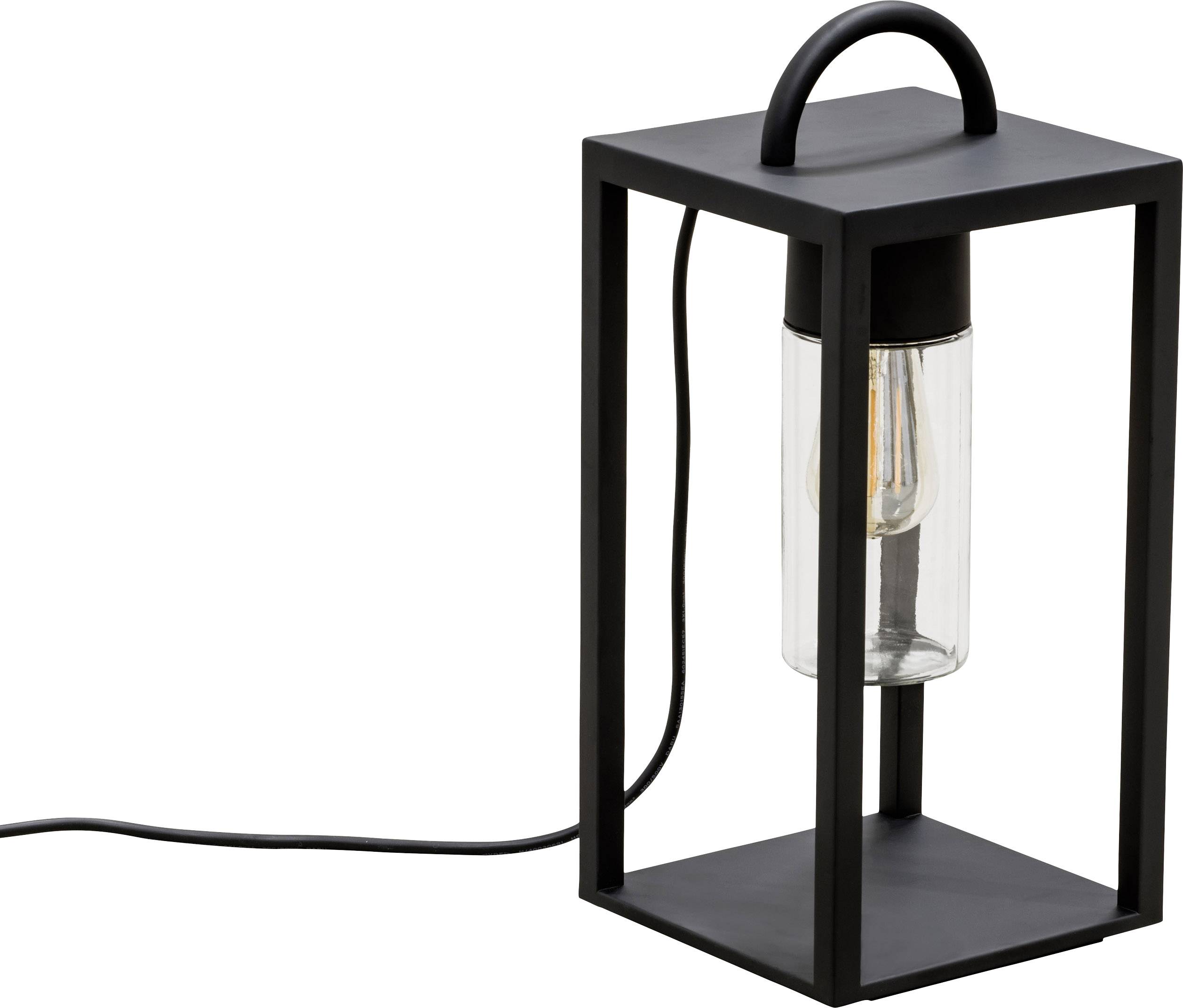 Sort, rektangulær bordlampe med synlig pære og ledning. Moderne design, velegnet til indendørs brug.