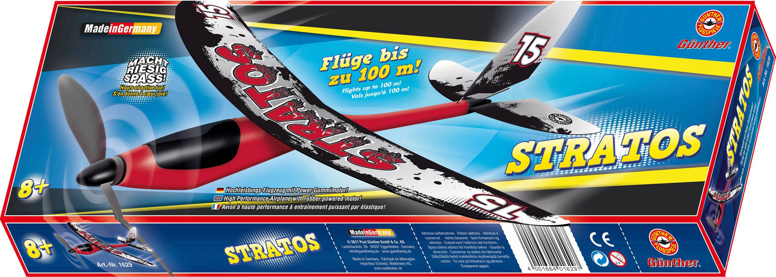 Legetøjsfly 'STRATOS' i æske, perfektioneret til flyvninger op til 100 meter. Anbefalet for børn fra 8 år.