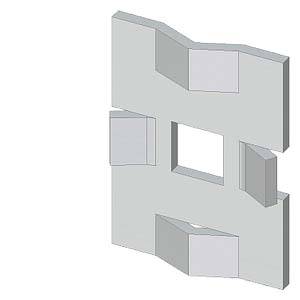 3D-rendering af en grå komponent med et rektangulært udsnit i midten og centralt placerede støtter på alle fire sider.