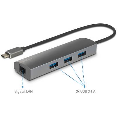 USB-C-hub med en Gigabit LAN-port og tre USB 3.1-porte.