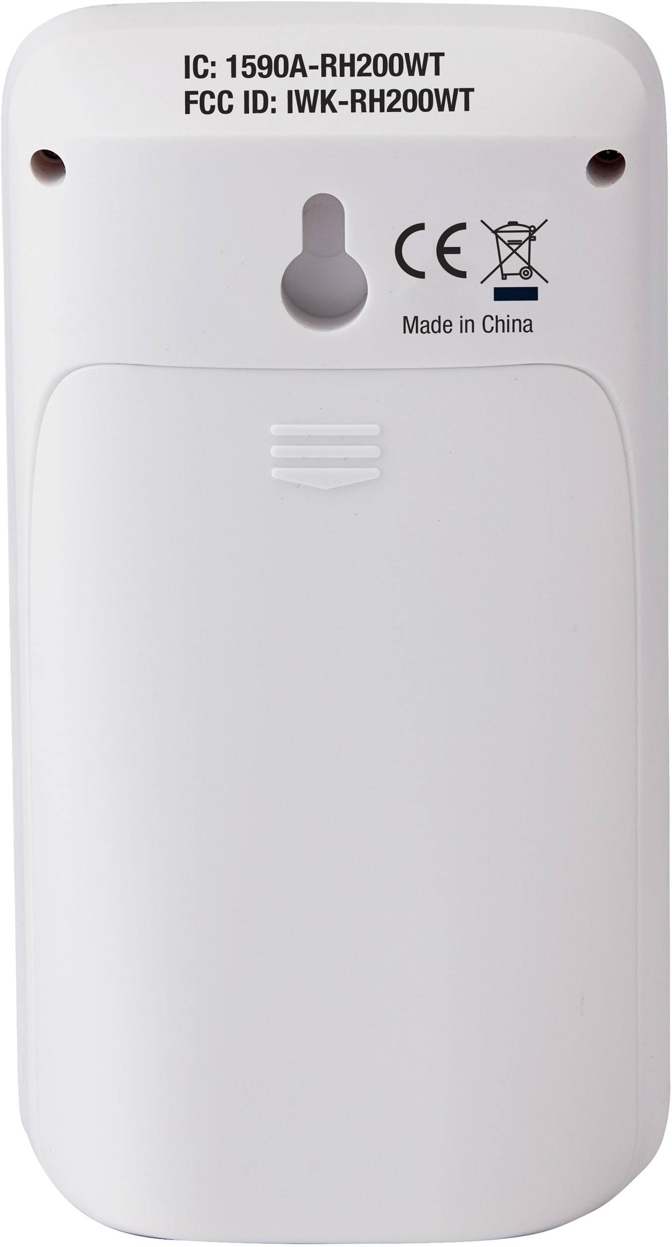 Bagsiden af en hvid elektronisk enhed med modelnummeret 'IC: 1590A-RH200WT'. 'Made in China' og CE-mærkning synlig.