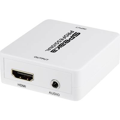 En hvid HDMI-lydadapter mærket 'SPEAKA Professional'. Den har HDMI- og lydstik på forsiden.