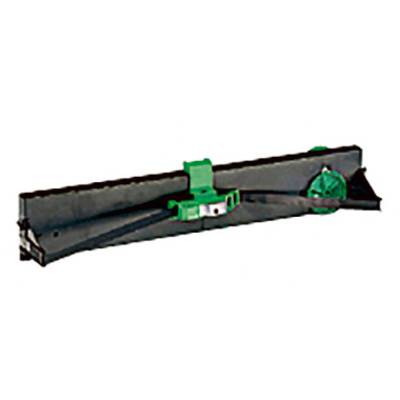 En grøn og sort toner til en printer, rektangulær form med synlig grøn clips i midten.