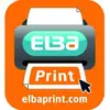 Billedet viser et logo med teksten 'ELBA' i en stiliseret trykmaskine, hvorunder ordet 'Print' og hjemmesiden 'elbaprint.com' er placeret.