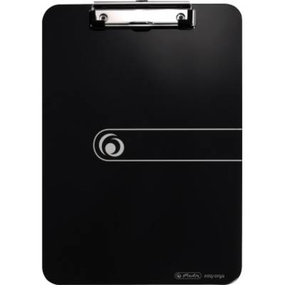 Sort plastik clipboard med metalklemme øverst. Logo og mærke 'esselte easy orga' nederst til højre. Minimalistisk design.