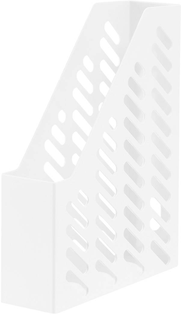Hvid, lodret magasinholder med diagonale ventilationssprækker. Velegnet til opbevaring af magasiner eller dokumenter.