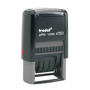 Sort selvblækkende stempel med påskriften 'trodat printy-dater 4750'. Velegnet til datostempling.