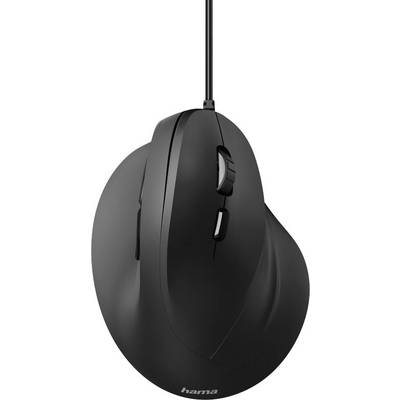En sort ergonomisk mus med kabel og sideknapper. Den er udformet vertikalt for at understøtte en naturlig håndstilling.