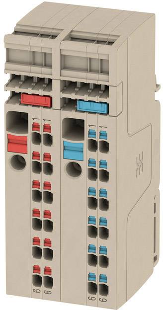 Elektronisk modul med tilslutninger, farvekoderet i rødt og blåt, til industrielle anvendelser. Rektangulær konstruktion, stablet vertikalt.