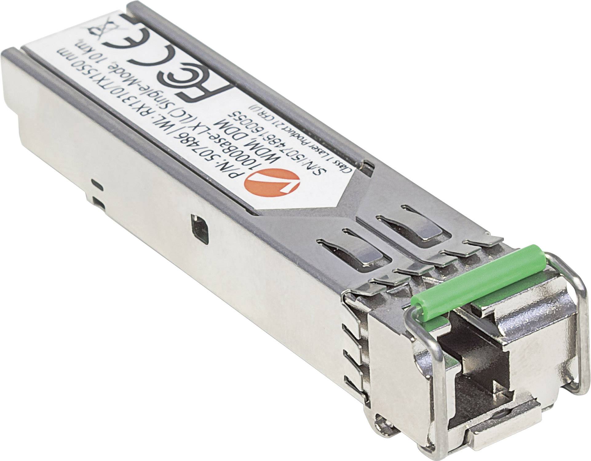Et SFP-transceiver-modul til netværksforbindelser. Sølvhus med grønne markeringer og etiket med tekniske specifikationer.