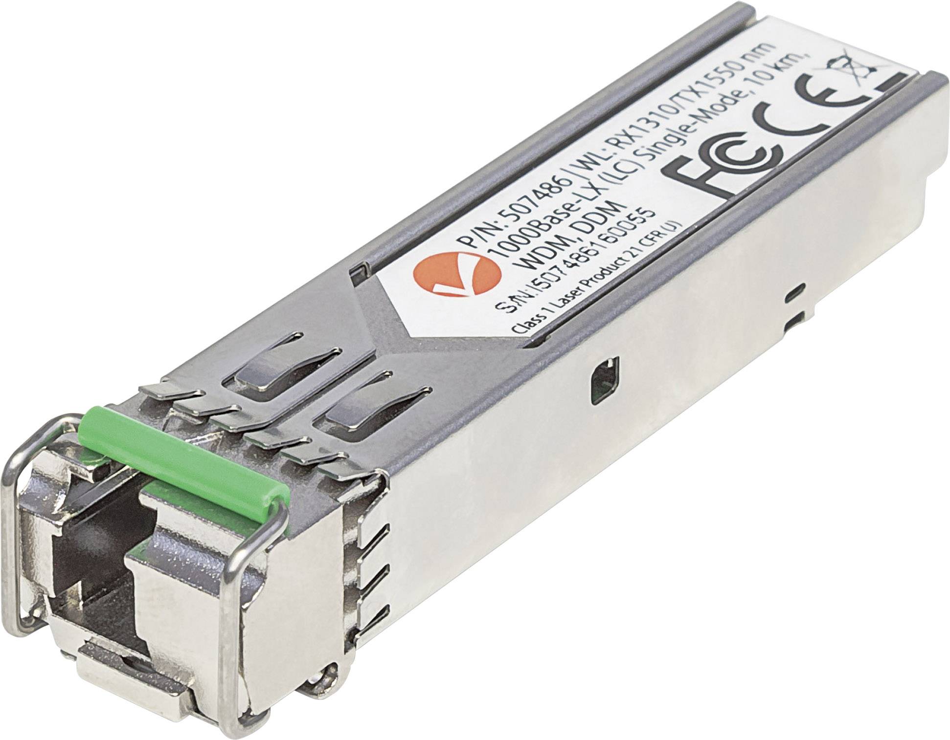 Et SFP-modul med metalkappe og stikforbindelse, som bruges til fibernetværk, med påtrykte mærkninger og specifikationer.