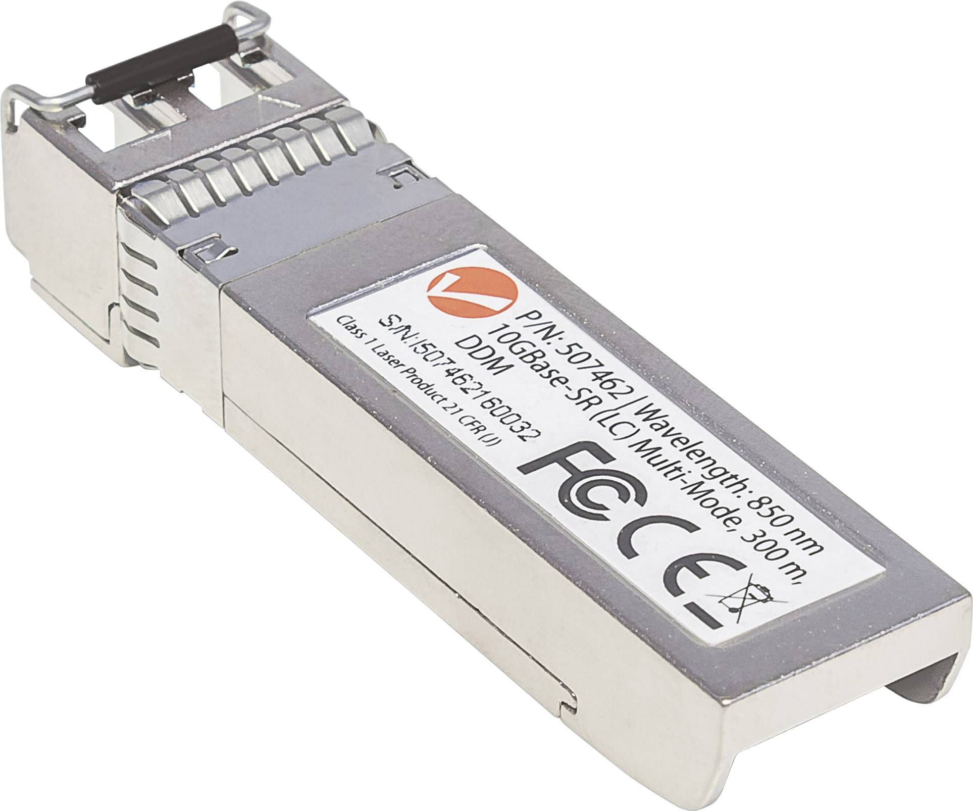 Et sølvfarvet elektronisk modul med et etiket, hvorpå tekniske specifikationer og certificeringslogoer er trykt.