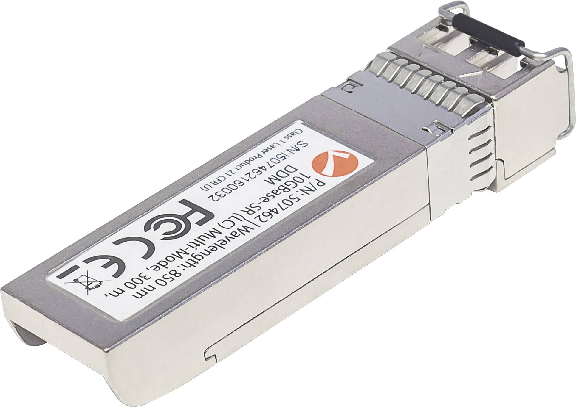 Fiberoptisk SFP-modul med metalhus og CE-mærkning. Modelnummer og tekniske specifikationer er synlige.