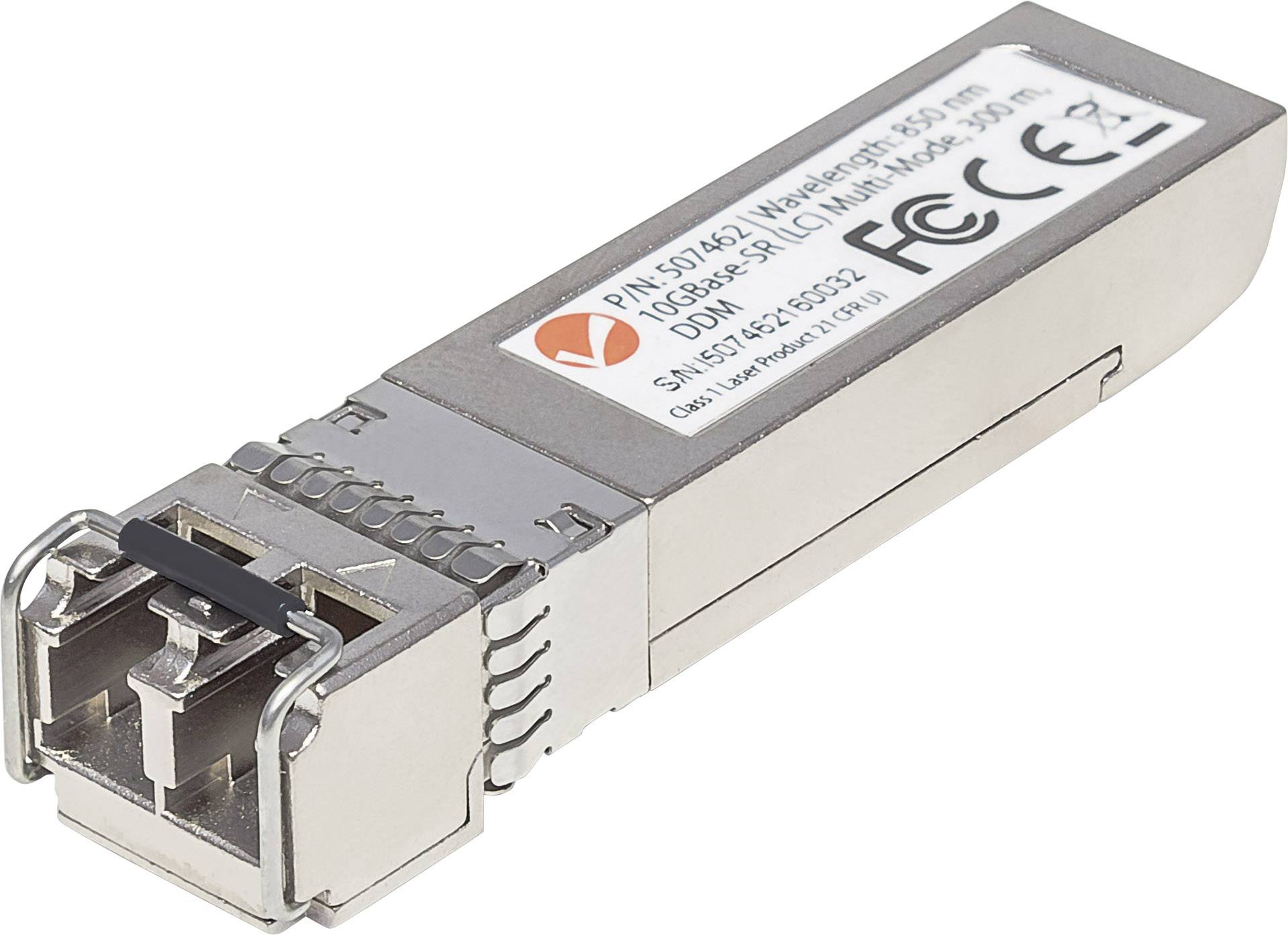 Et optisk netværksmodul med FCC- og CE-mærkning, til datatransmission i netværksenheder. Stikforbindelse til lyslederkabel synlig.