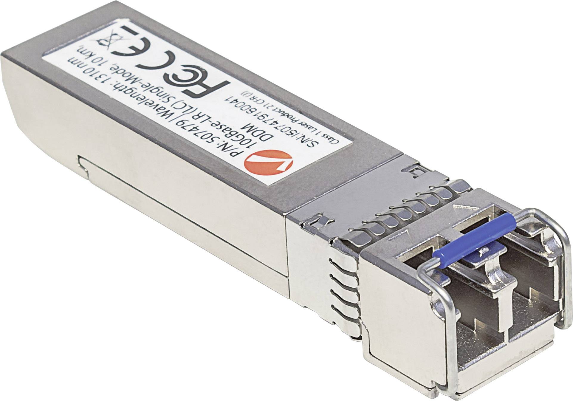 Et SFP-transceiver-modul med metalkappe, egnet til glasfiberkabelforbindelser. Det er beregnet til at sende og modtage data.