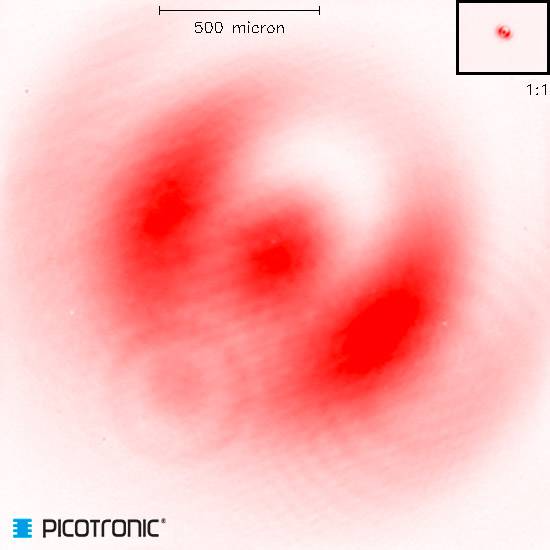 Røde punktmønstre på hvid baggrund, skala på 500 mikron. Logo 'PICOTRONIC' i nederste hjørne.