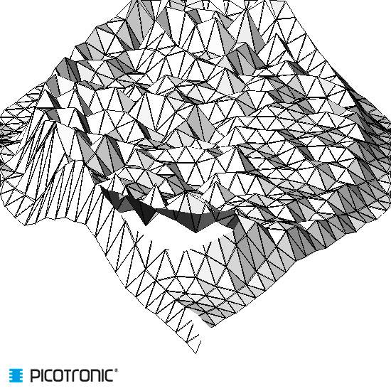 3D-overflademodel med uregelmæssige geometriske former, der fremstiller en bjergagtig struktur. I nedre venstre hjørne logo med 'PICOTRONIC'.