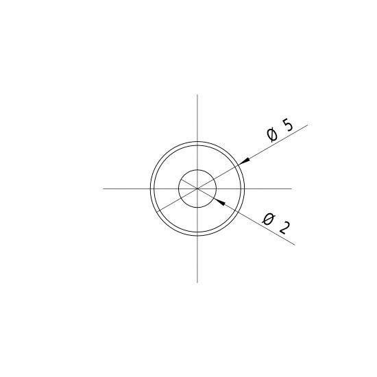 En teknisk tegning viser en cirkulær skive med to koncentriske cirkler, hvor diametrene er markeret som Ø5 og Ø2.