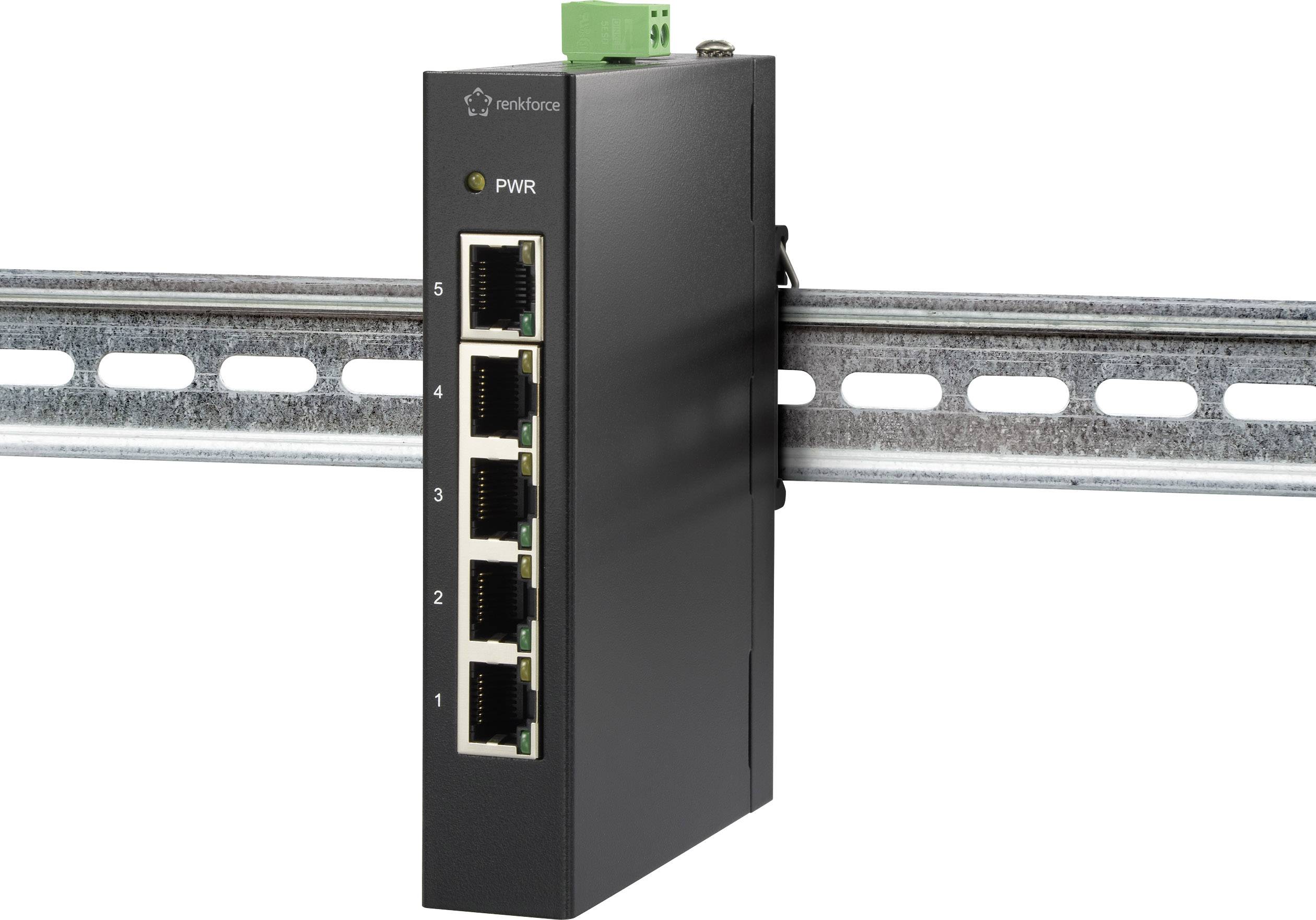 En sort netværksswitch med fem Ethernet-porte, monteret på en DIN-skinne.